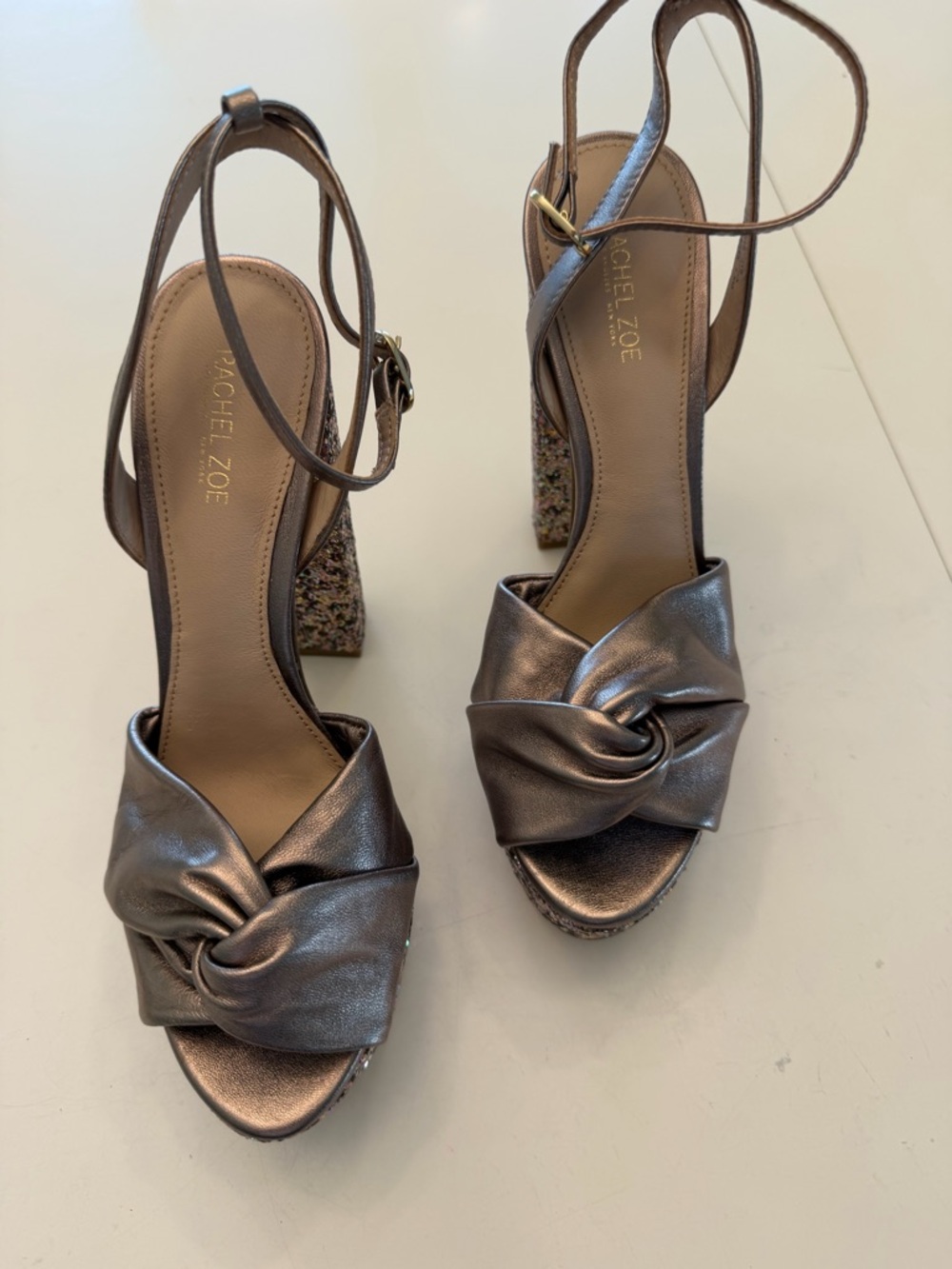 Rachel Zoe  Metallic Rose Gold Knot Front Block Heel Sandals
